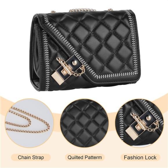 Quilted Crossbody Bag Black Vegan Leather Shoulder Bag Fashion Chain Small Purse - Picture 5 of 9